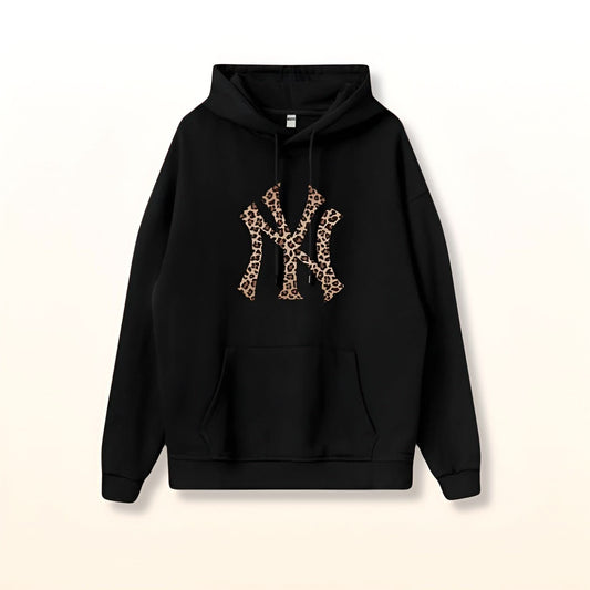 Black NY leopard print hoodie with drawstring hood and kangaroo pocket