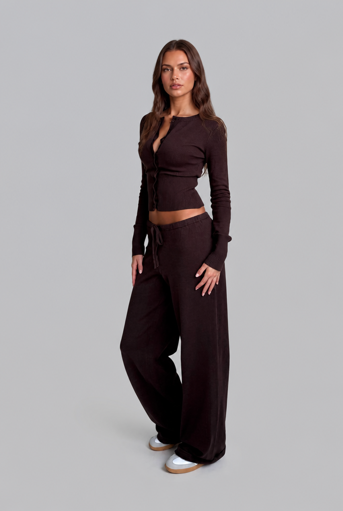OCEANE | RIBBED KNIT TROUSER SET - Brown