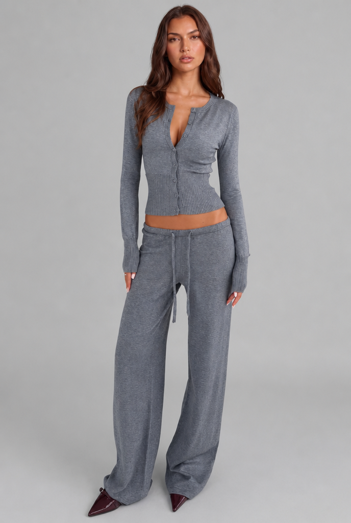 OCEANE | RIBBED KNIT TROUSER SET - Gray
