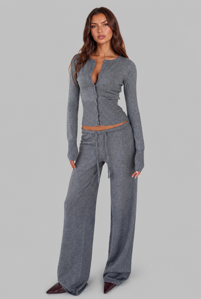 OCEANE | RIBBED KNIT TROUSER SET - Gray