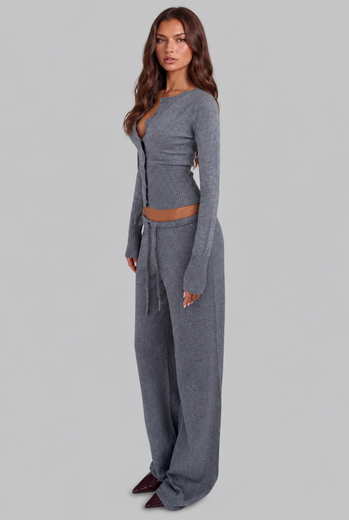 OCEANE | RIBBED KNIT TROUSER SET - Gray