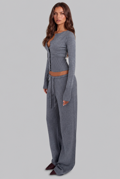 OCEANE | RIBBED KNIT TROUSER SET - Gray