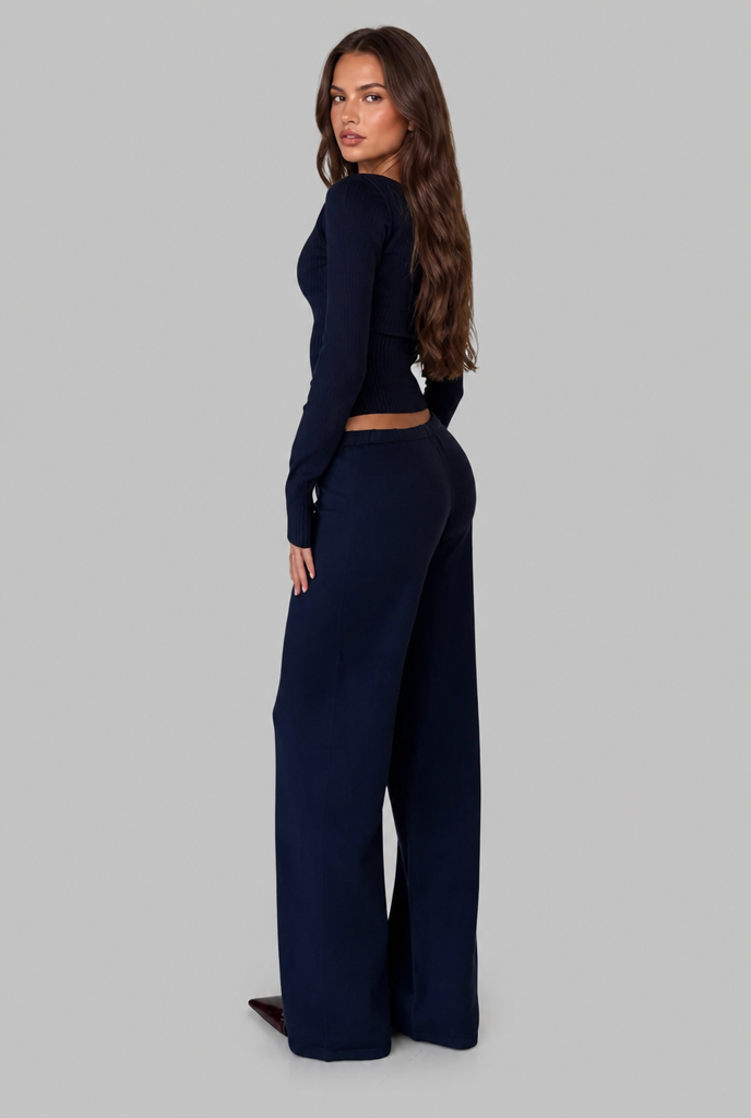 OCEANE | RIBBED KNIT TROUSER SET - Navy