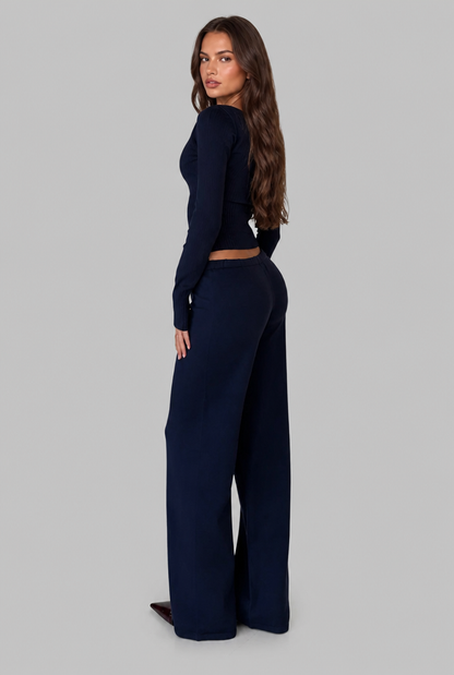 OCEANE | RIBBED KNIT TROUSER SET - Navy