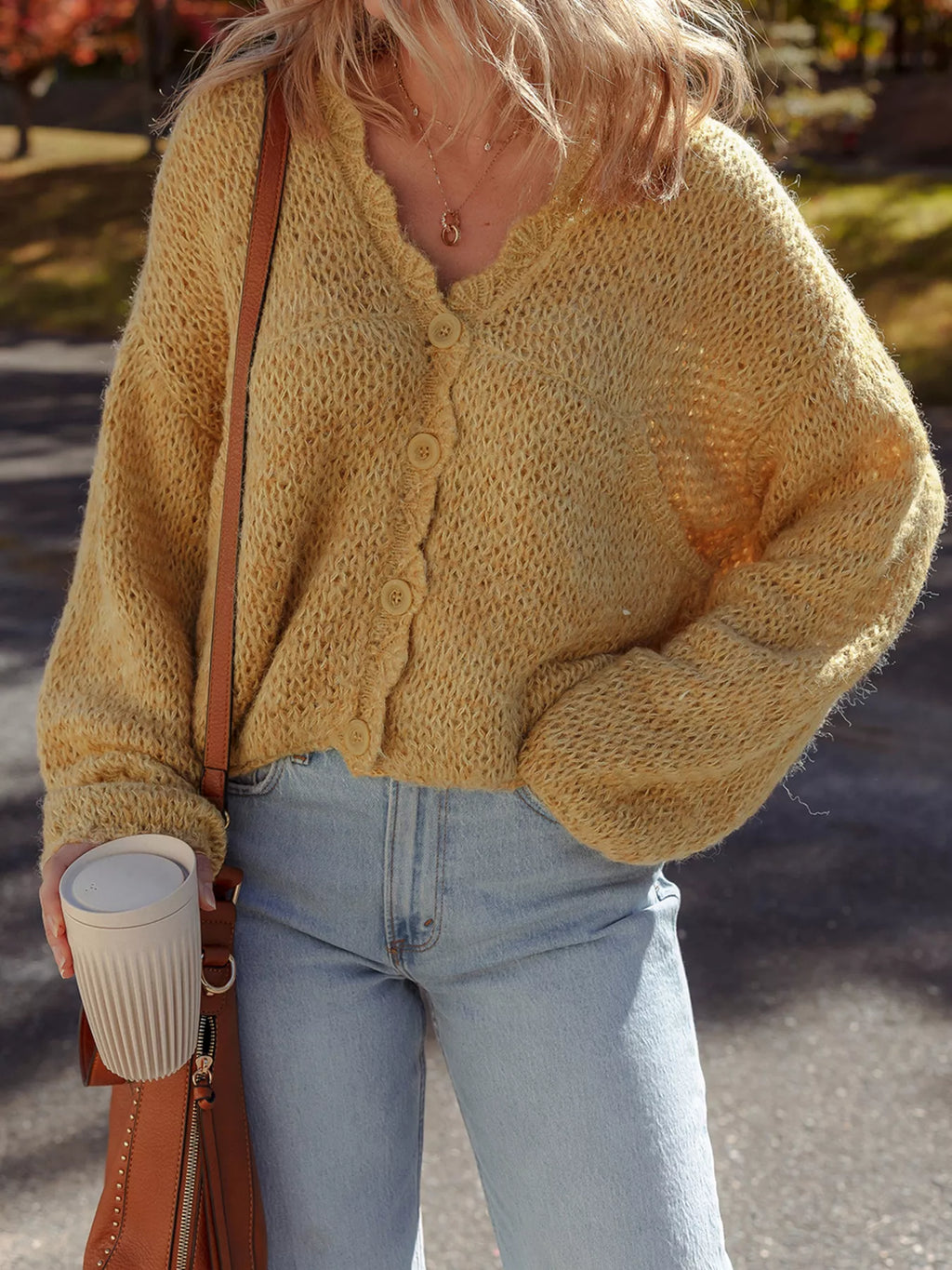 OCTAVIE | SCALLOPED LANTERN SLEEVE CARDIGAN - Mustard