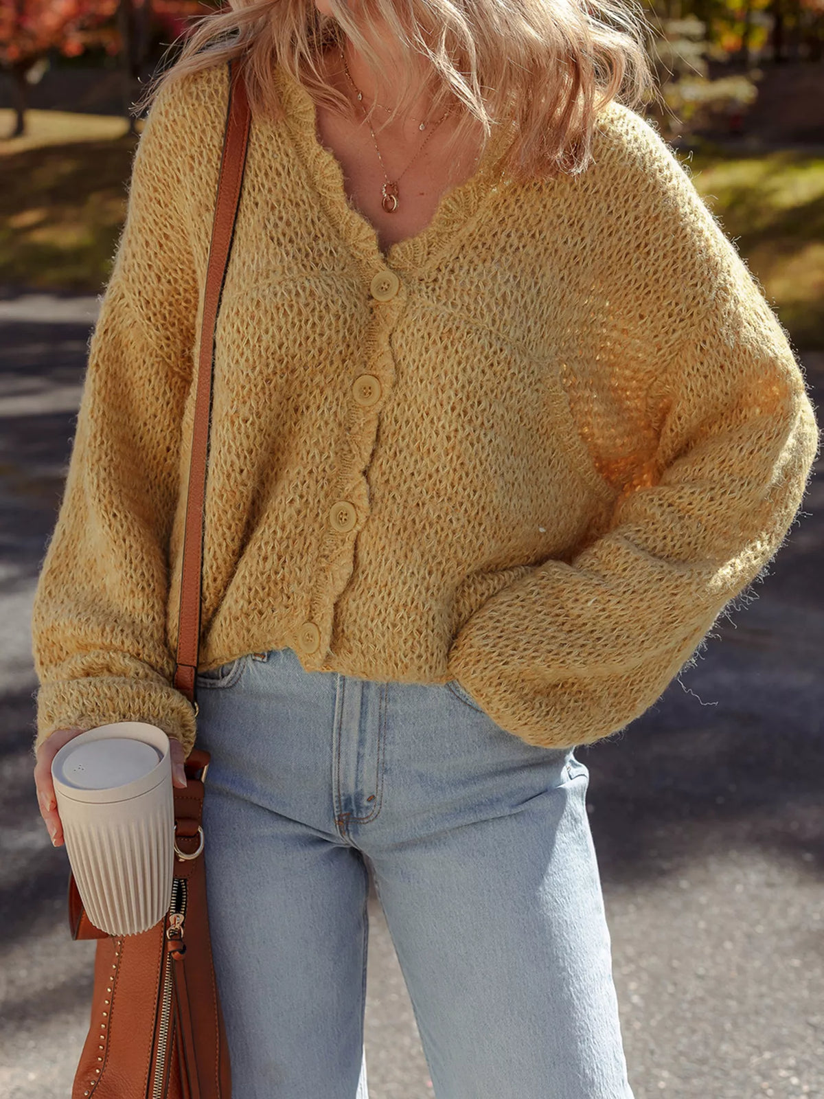 OCTAVIE | SCALLOPED LANTERN SLEEVE CARDIGAN - Mustard