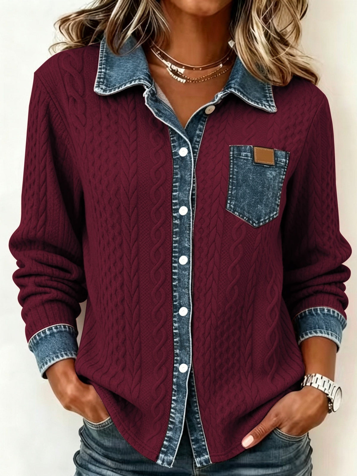 ODALIA | TEXTURED CONTRAST POCKET SHIRT - Burgundy