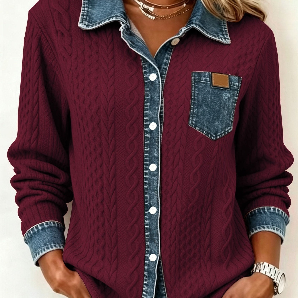 ODALIA | TEXTURED CONTRAST POCKET SHIRT - Burgundy