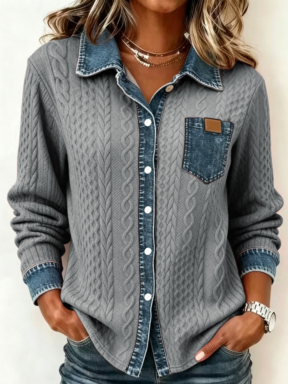 ODALIA | TEXTURED CONTRAST POCKET SHIRT - Gray