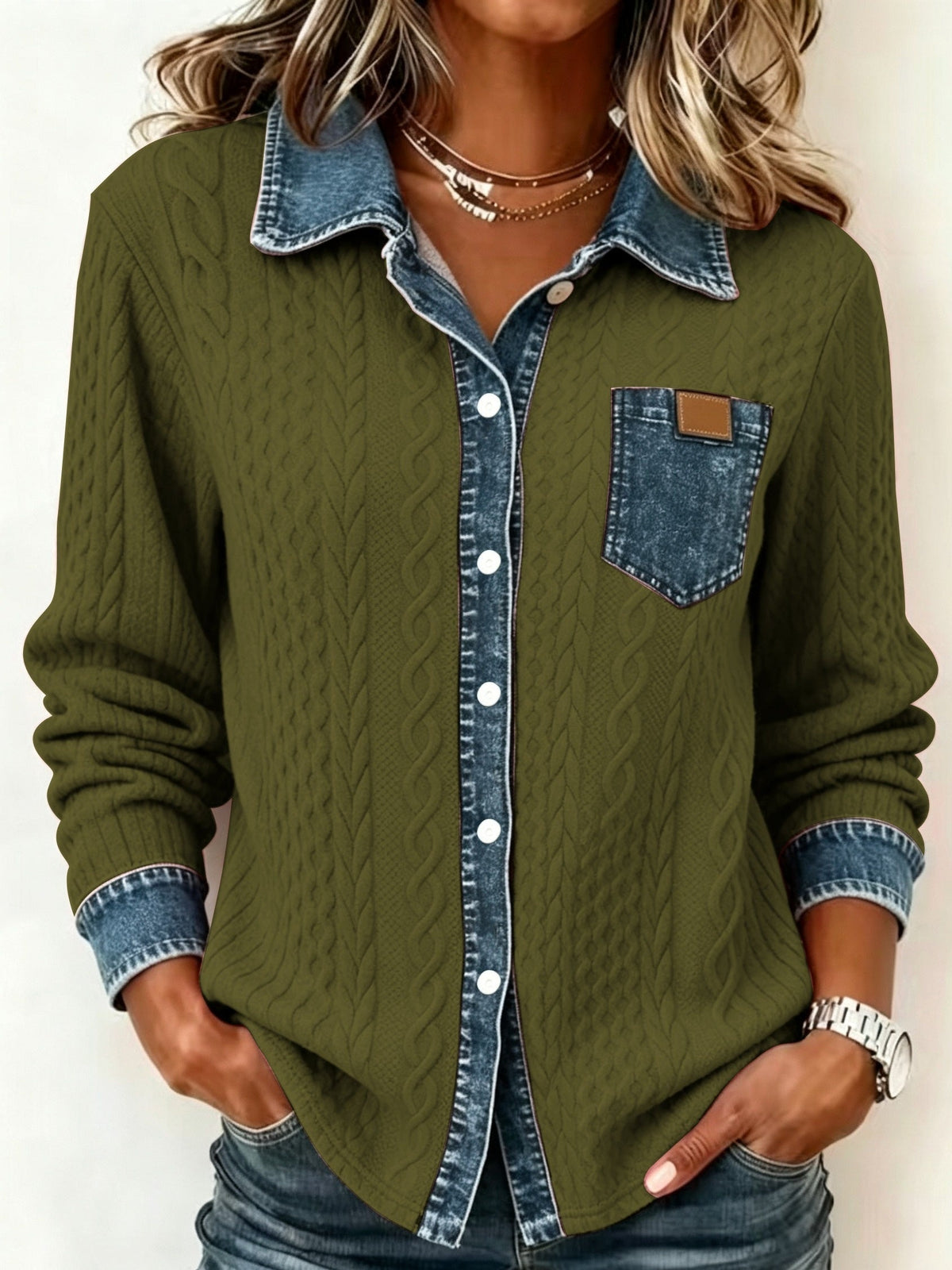 ODALIA | TEXTURED CONTRAST POCKET SHIRT - Olive Green