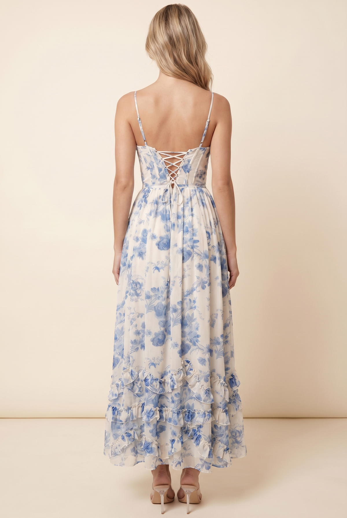 ODALYS | CORSET TIERED RUFFLE MAXI DRESS - Blue and Ivory Floral