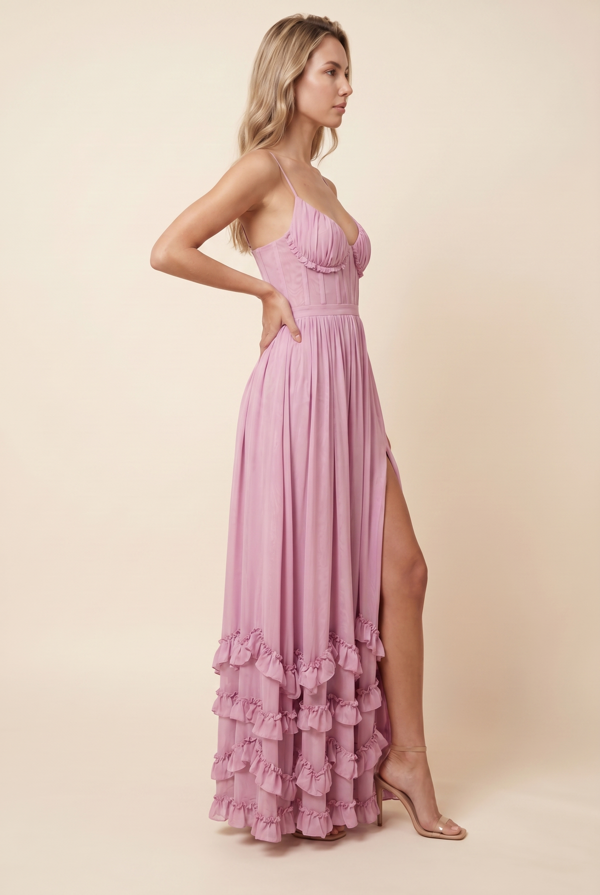 ODALYS | CORSET TIERED RUFFLE MAXI DRESS - Rose Pink