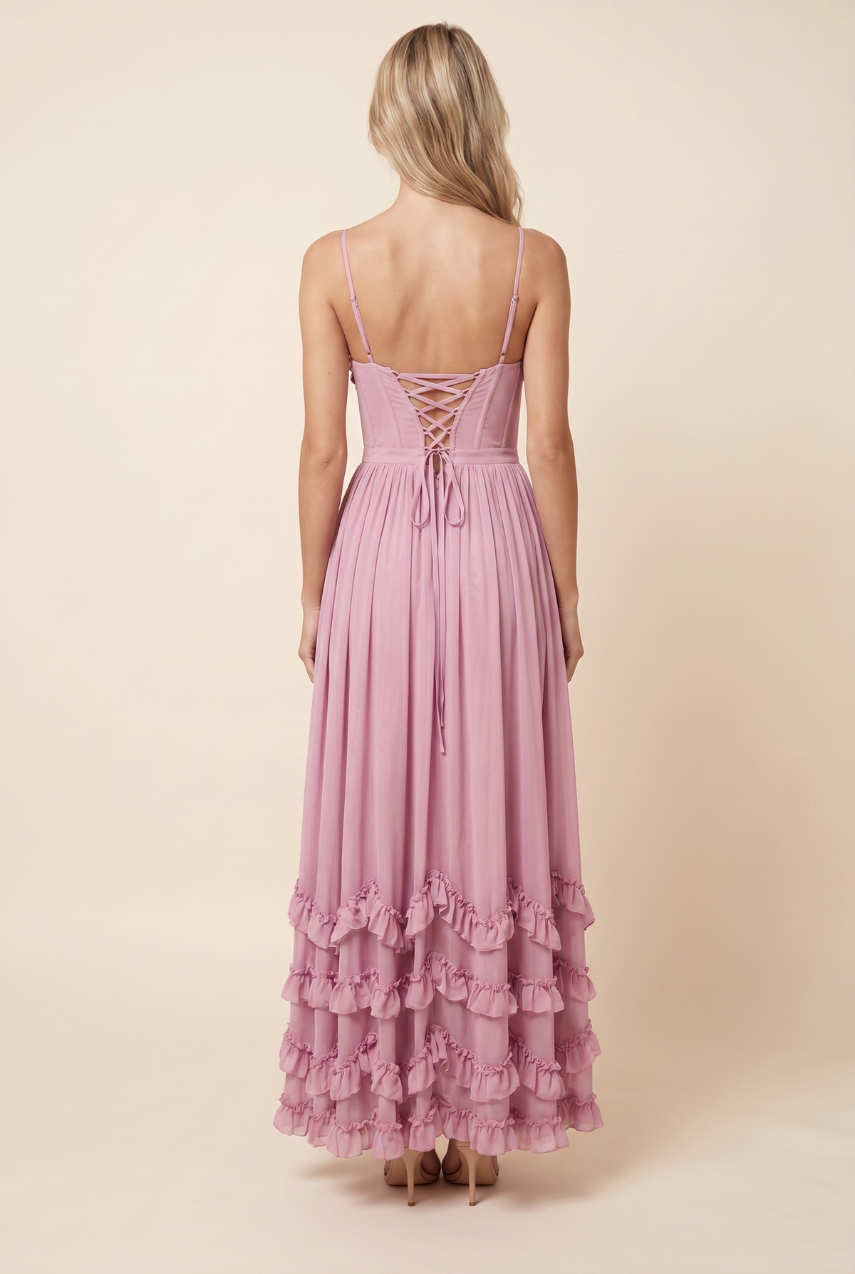 ODALYS | CORSET TIERED RUFFLE MAXI DRESS - Rose Pink