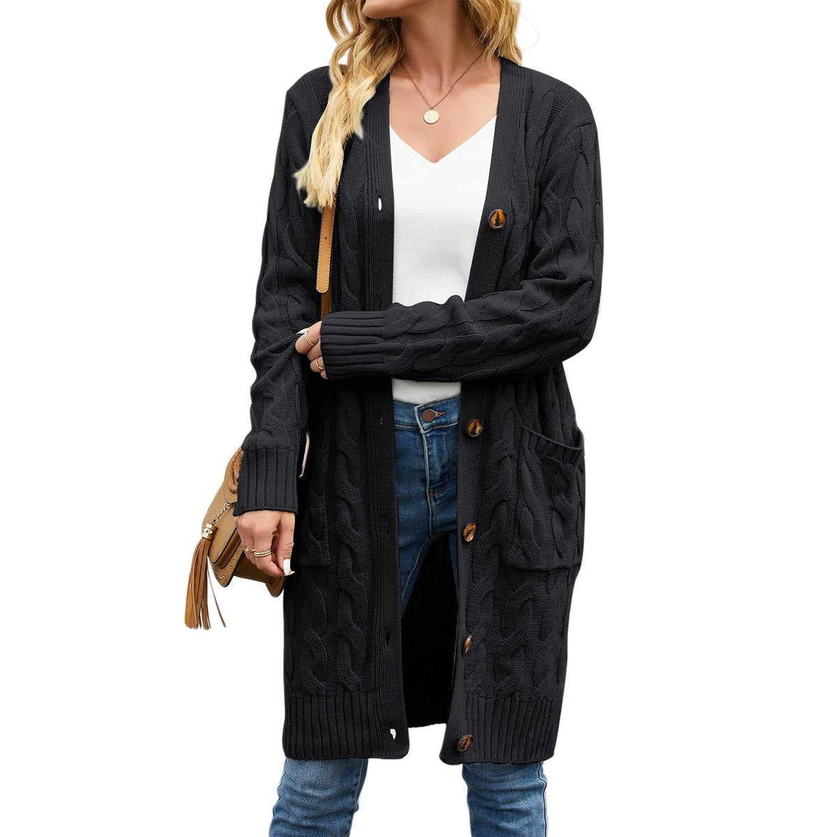 ODELINE | CABLE-KNIT COAT - Black