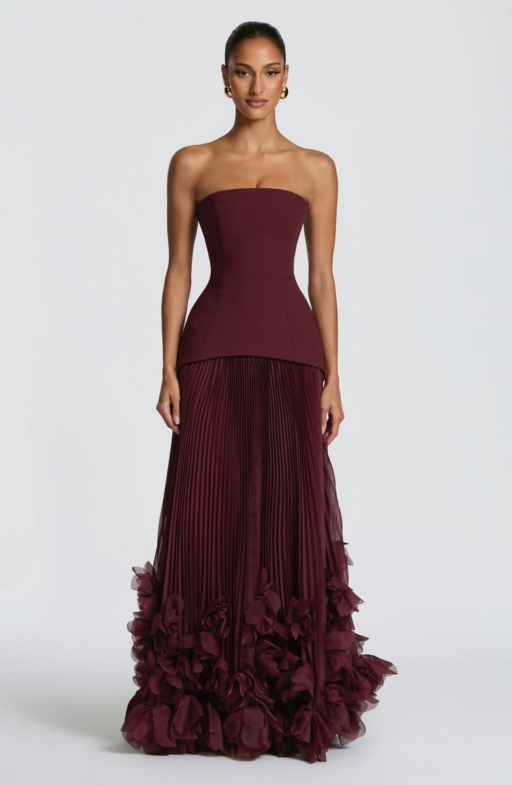 ODEYA | STRAPLESS RUFFLE GOWN - Burgundy