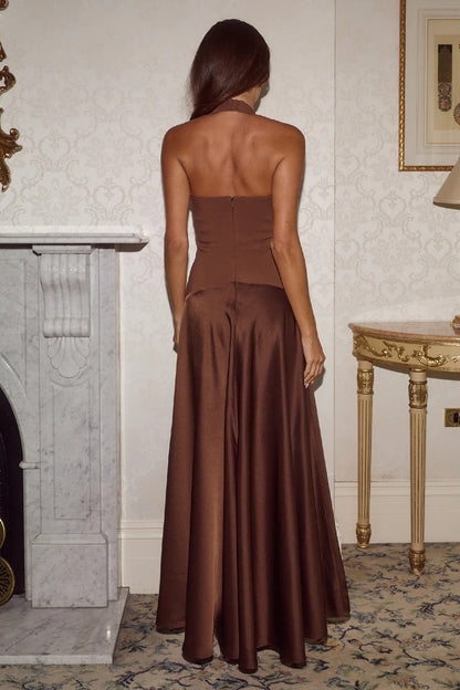ODINA | HALTER MAXI DRESS - Chocolate Brown