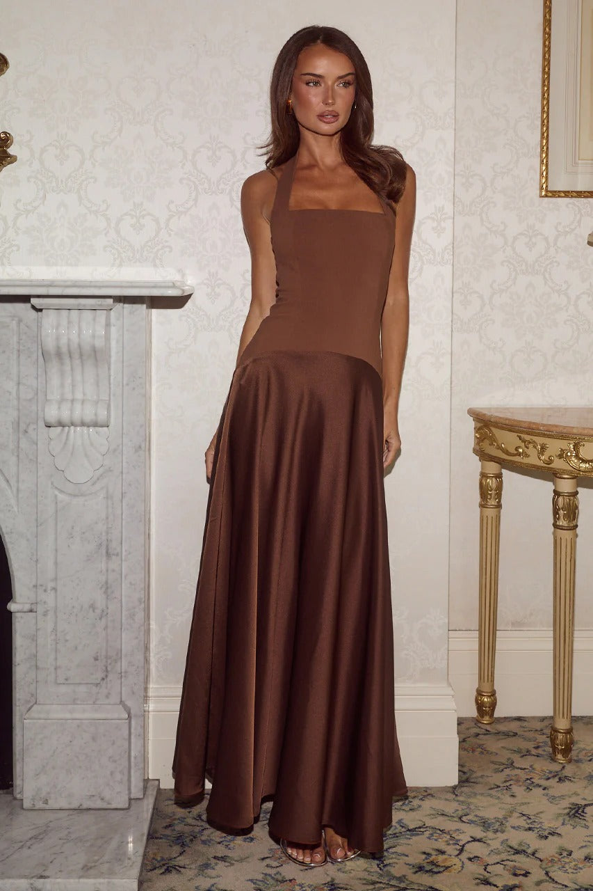ODINA | HALTER MAXI DRESS - Chocolate Brown