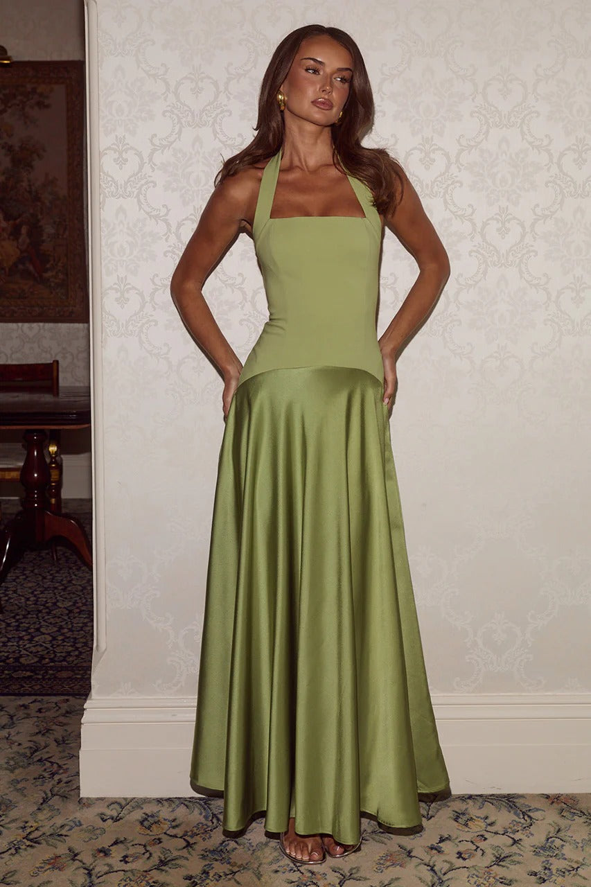 ODINA | HALTER MAXI DRESS - Olive Green