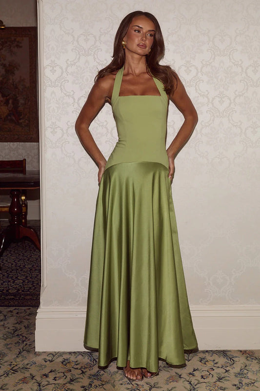 ODINA | HALTER MAXI DRESS - Olive Green