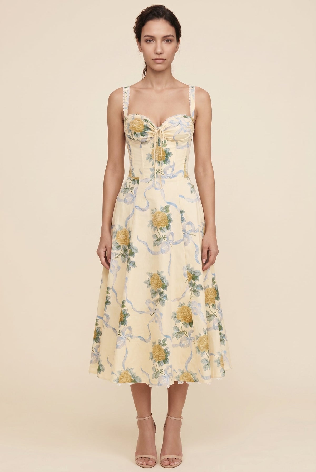 OLIANA | FLORAL CORSET MIDI DRESS - Butter Yellow Floral