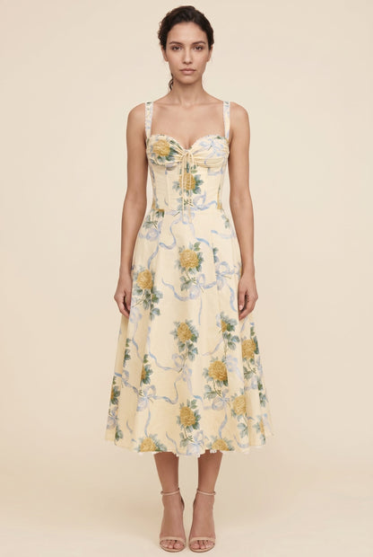 OLIANA | FLORAL CORSET MIDI DRESS - Butter Yellow Floral