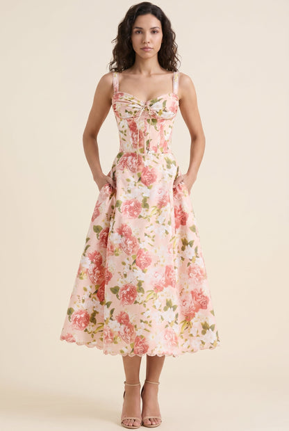 OLIANA | FLORAL CORSET MIDI DRESS - Coral Floral