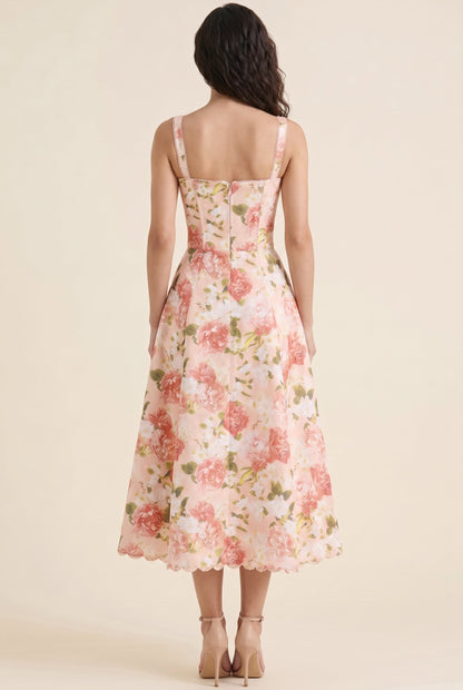 OLIANA | FLORAL CORSET MIDI DRESS - Coral Floral
