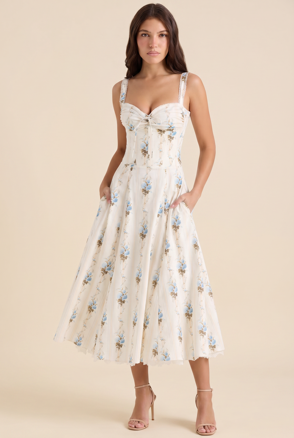 OLIANA | FLORAL CORSET MIDI DRESS - Ivory Blue Floral