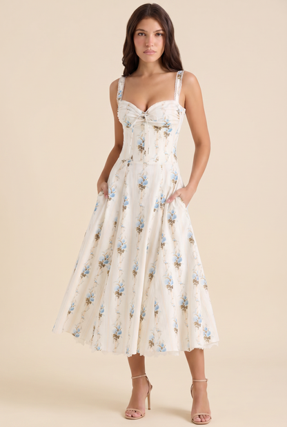 OLIANA | FLORAL CORSET MIDI DRESS - Ivory Blue Floral