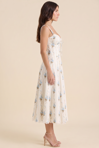 OLIANA | FLORAL CORSET MIDI DRESS - Ivory Blue Floral