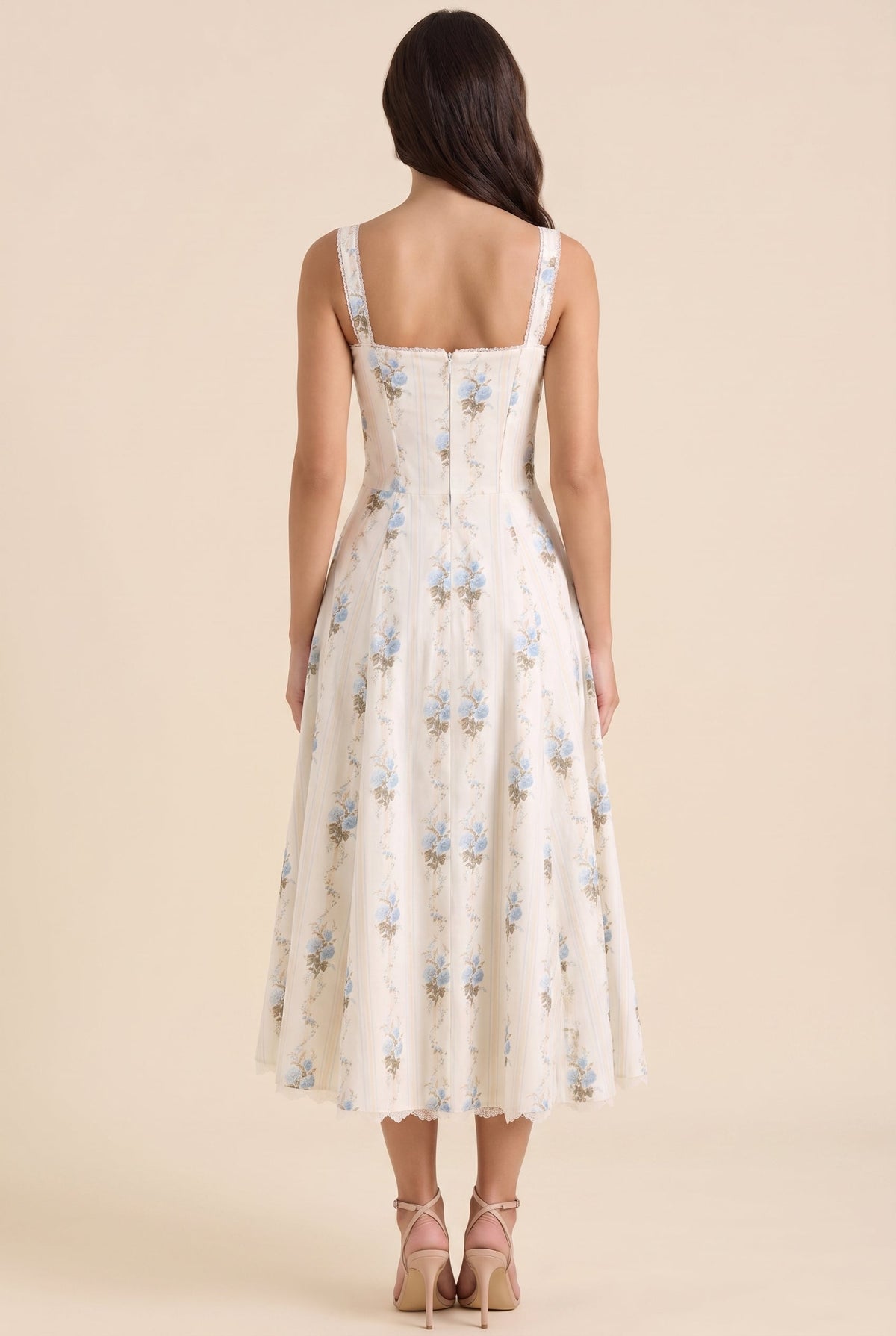 OLIANA | FLORAL CORSET MIDI DRESS - Ivory Blue Floral