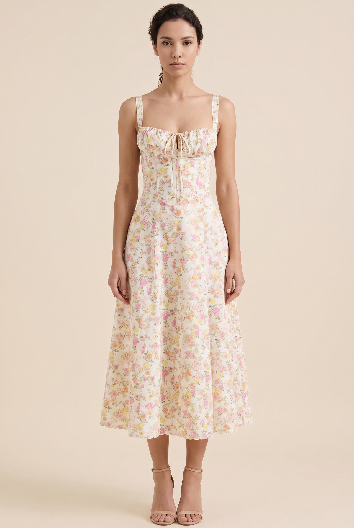 OLIANA | FLORAL CORSET MIDI DRESS - Ivory Yellow Floral
