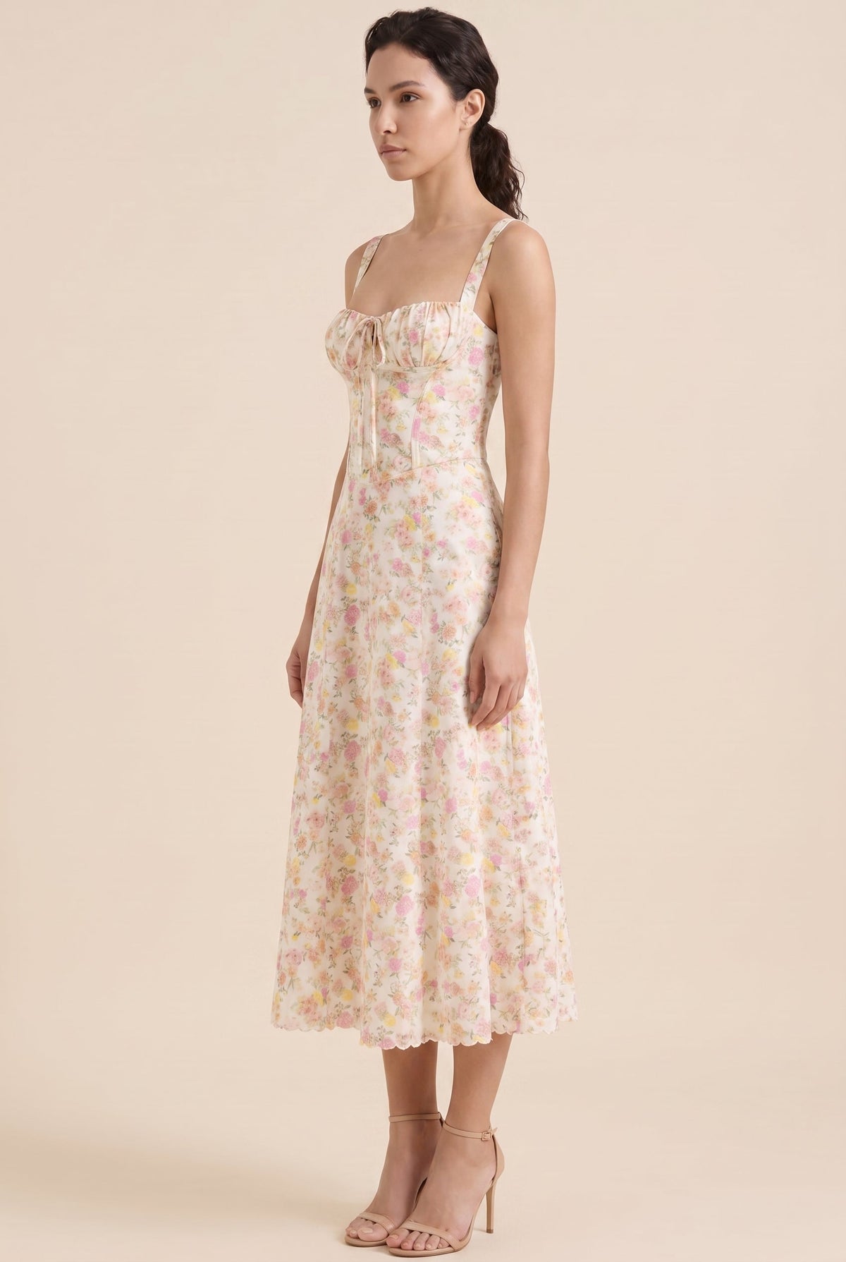 OLIANA | FLORAL CORSET MIDI DRESS - Ivory Yellow Floral