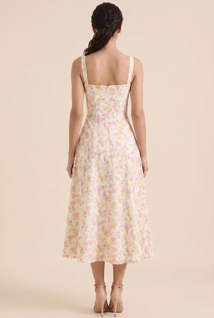 OLIANA | FLORAL CORSET MIDI DRESS - Ivory Yellow Floral