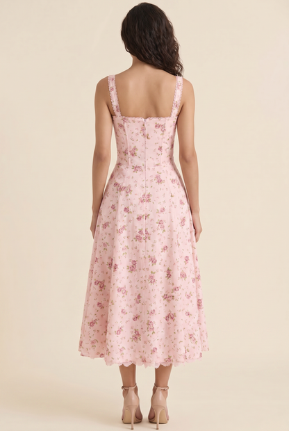 OLIANA | FLORAL CORSET MIDI DRESS - Rose Pink Floral