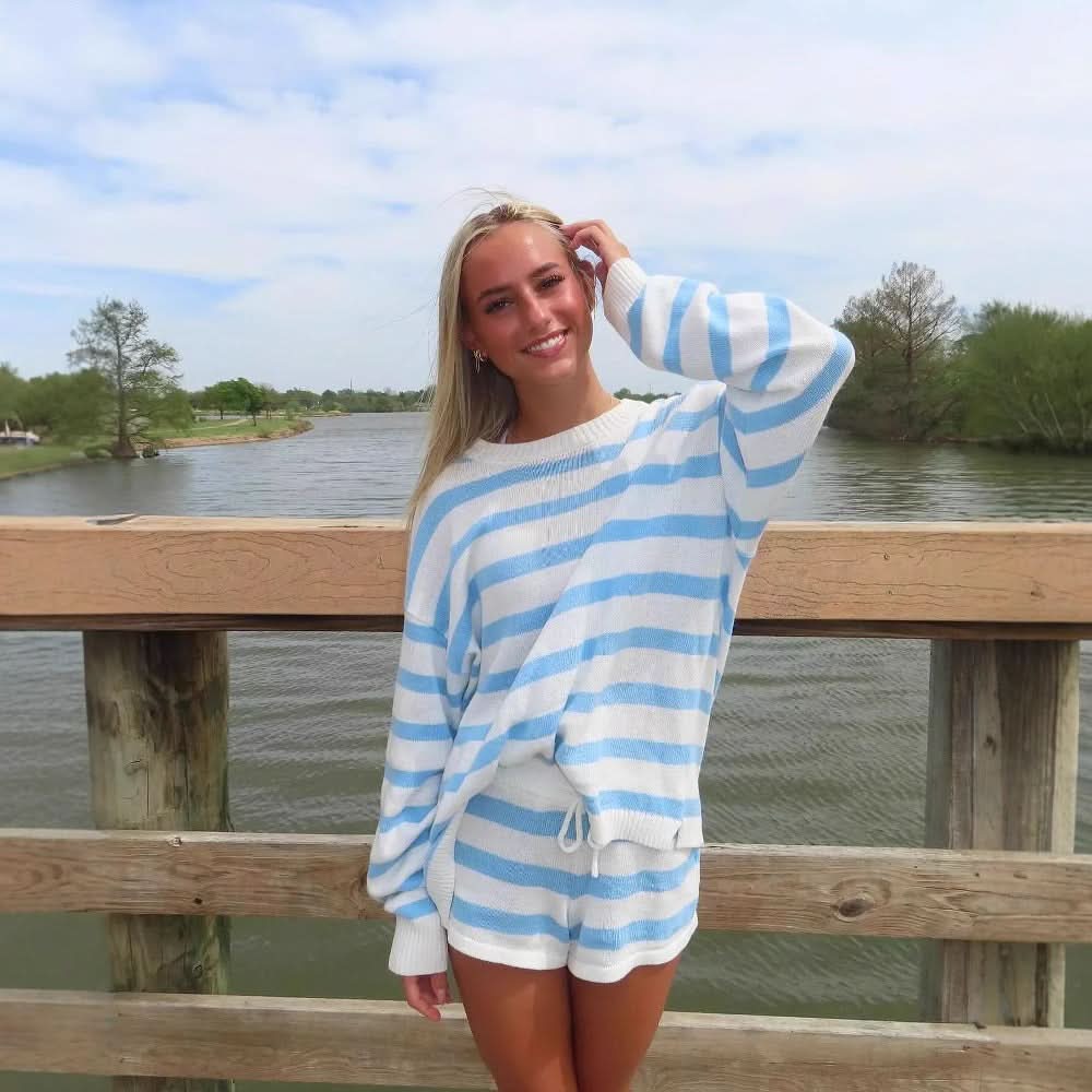 Lightweight blue stripe knit sweater with drawstring shorts