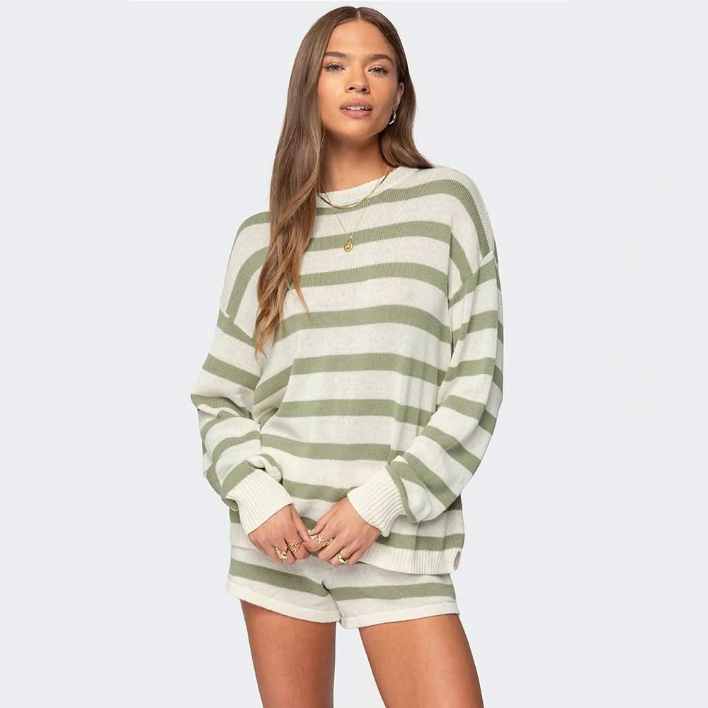 Sage green striped knit sweater with relaxed fit shorts