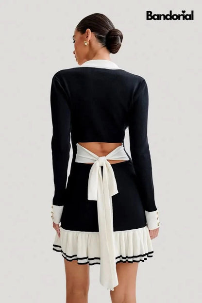 Black mini dress backless design with cream tie waist closure and long sleeves for women