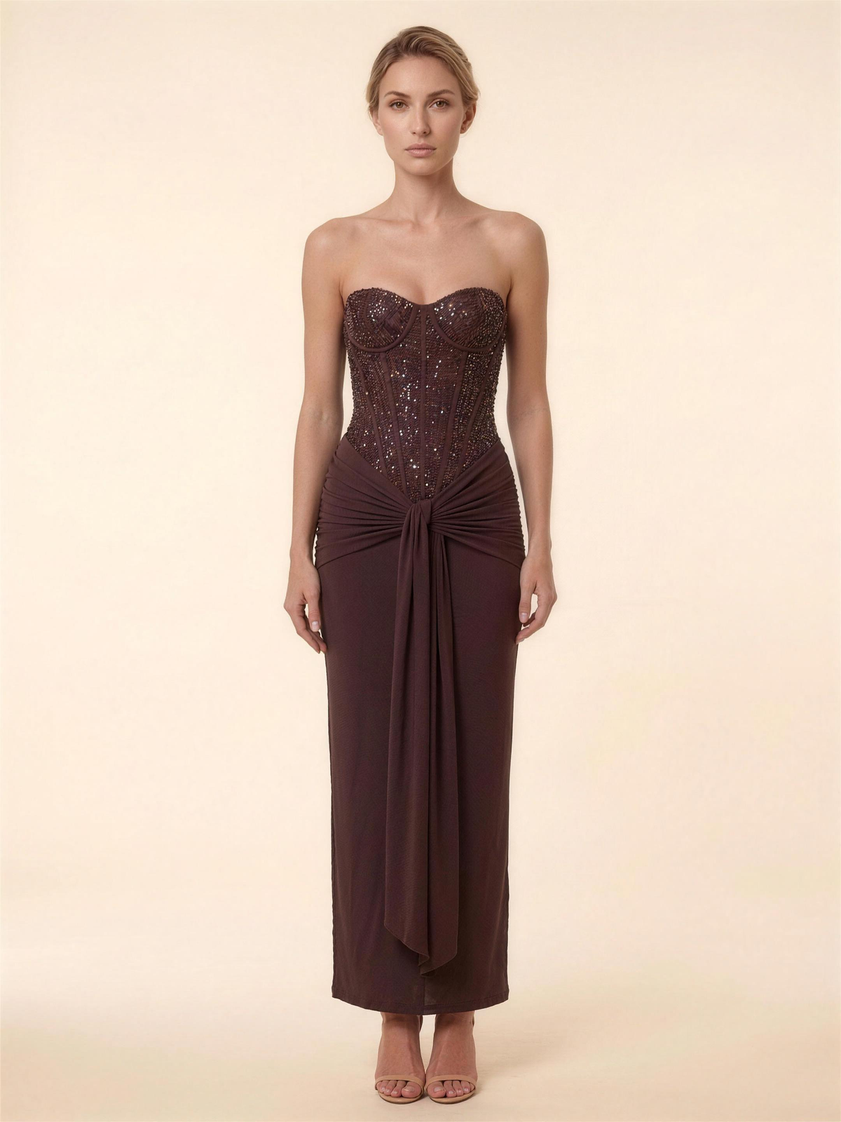 OLYMPE | CORSET MAXI DRESS - Chocolate Brown