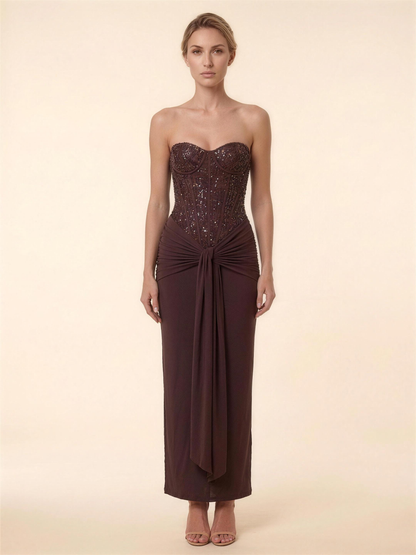 OLYMPE | CORSET MAXI DRESS - Chocolate Brown