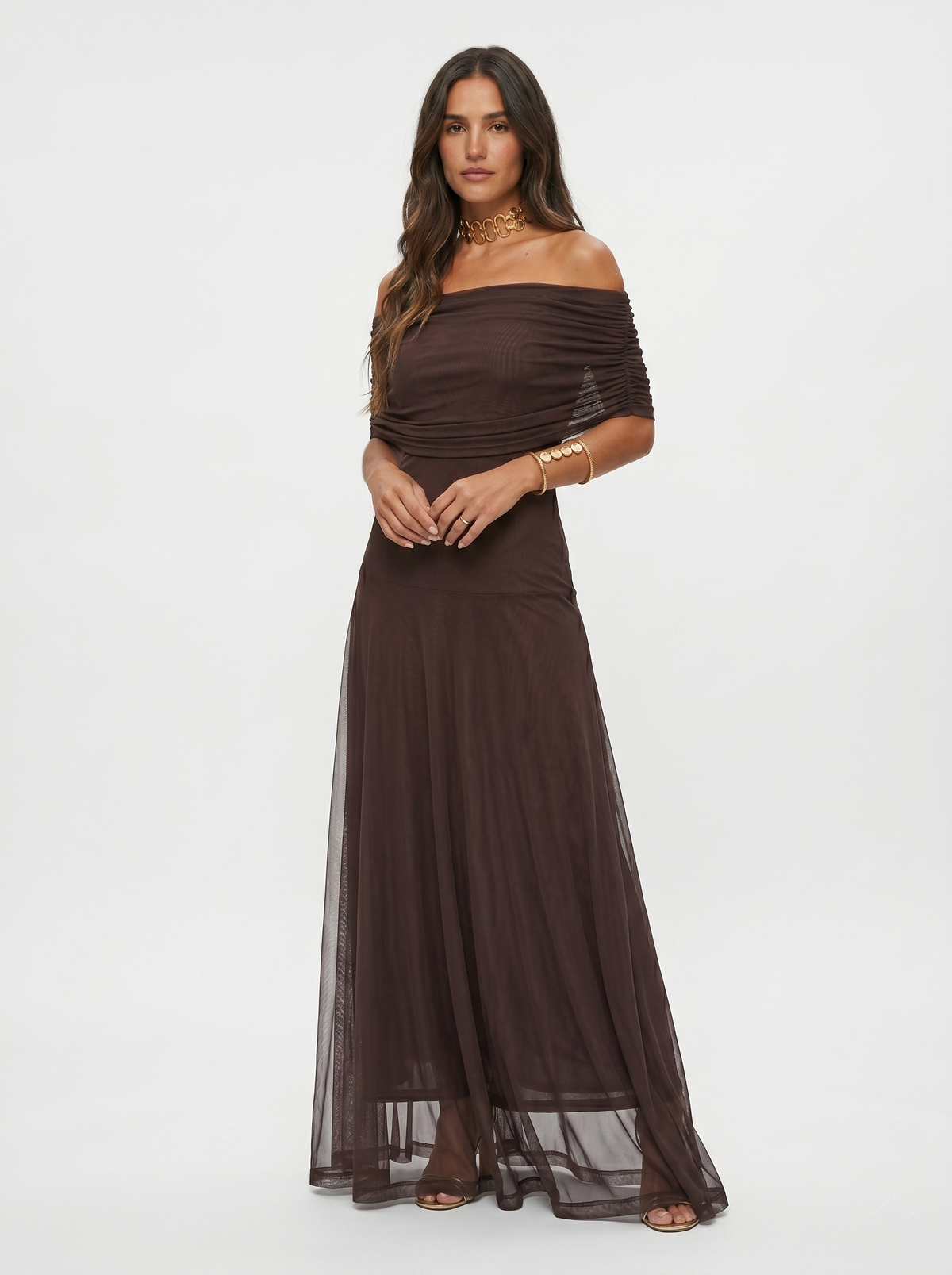 ORALIE | OFF SHOULDER MAXI DRESS - Chocolate Brown