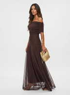 ORALIE | OFF SHOULDER MAXI DRESS - Chocolate Brown