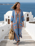 OSANNA | CONTRAST TRIM V-NECK MIDI DRESS - Blue and Rust
