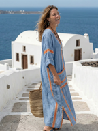 OSANNA | CONTRAST TRIM V-NECK MIDI DRESS - Blue and Rust