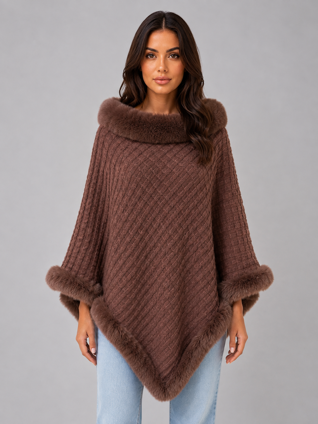 OTTAVIA | FAUX FUR TRIM KNIT PONCHO - Brown