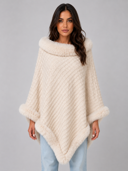 OTTAVIA | FAUX FUR TRIM KNIT PONCHO - Cream