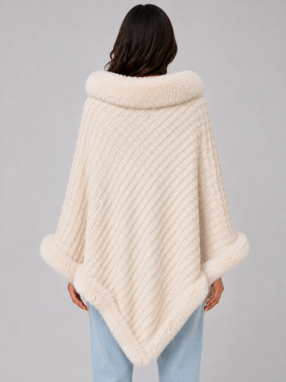 OTTAVIA | FAUX FUR TRIM KNIT PONCHO - Cream