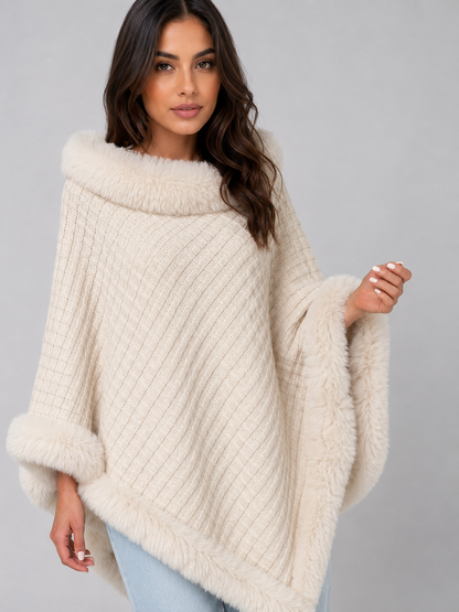 OTTAVIA | FAUX FUR TRIM KNIT PONCHO - Cream