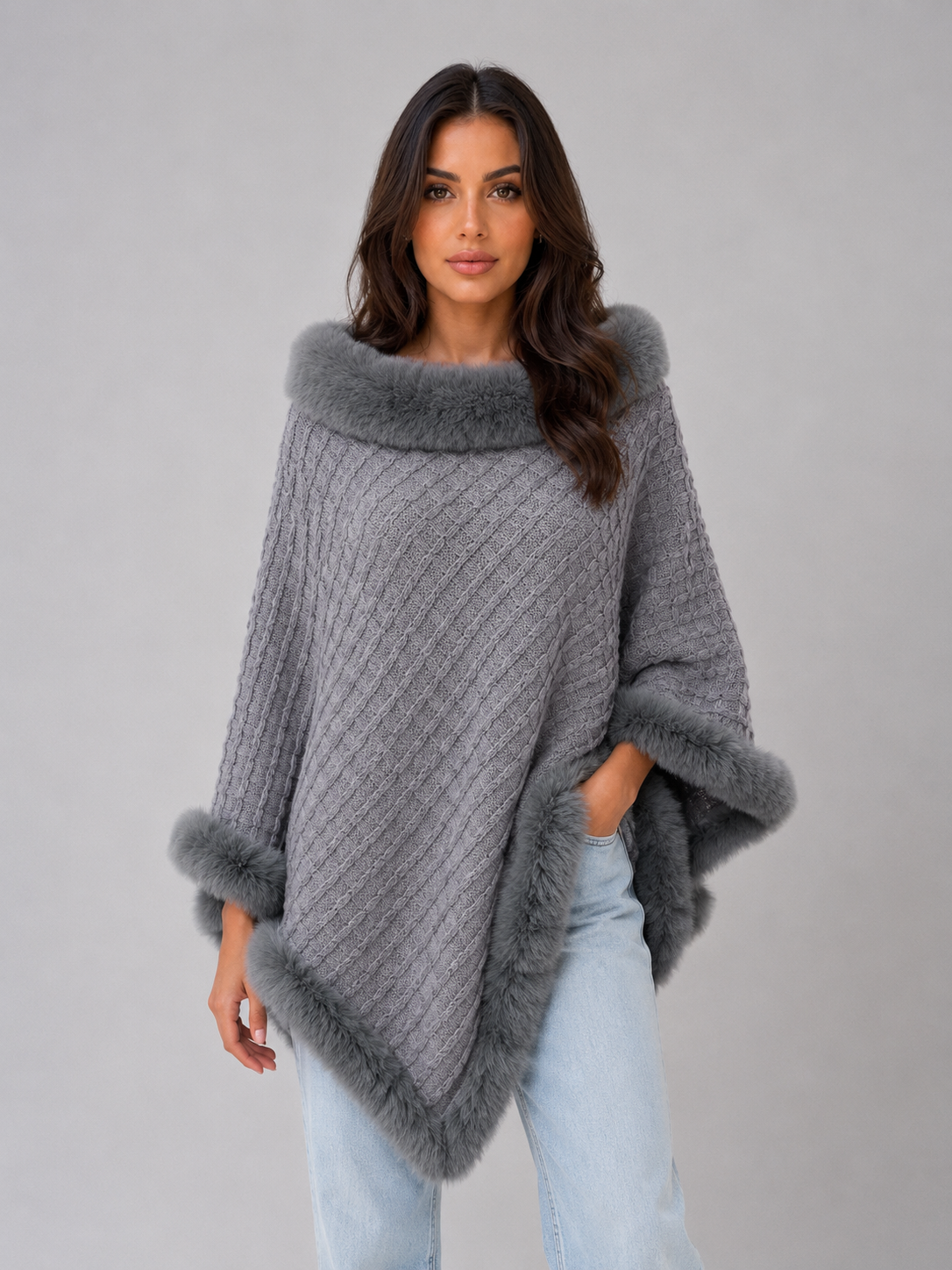 OTTAVIA | FAUX FUR TRIM KNIT PONCHO - Gray