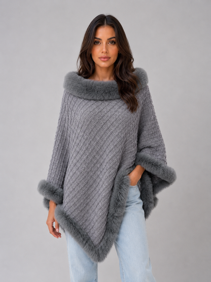 OTTAVIA | FAUX FUR TRIM KNIT PONCHO - Gray